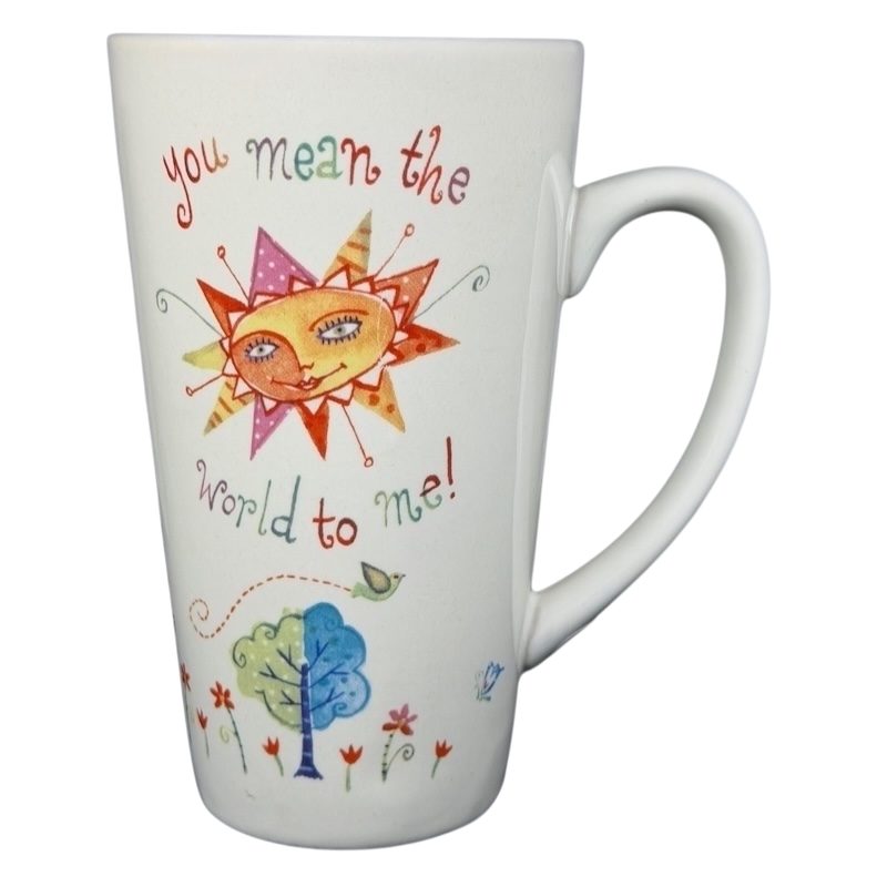 Natural Life You Mean The World To Me mug featuring a colorful sun and floral design