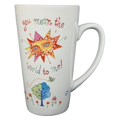 Natural Life You Mean The World To Me mug featuring a colorful sun and floral design