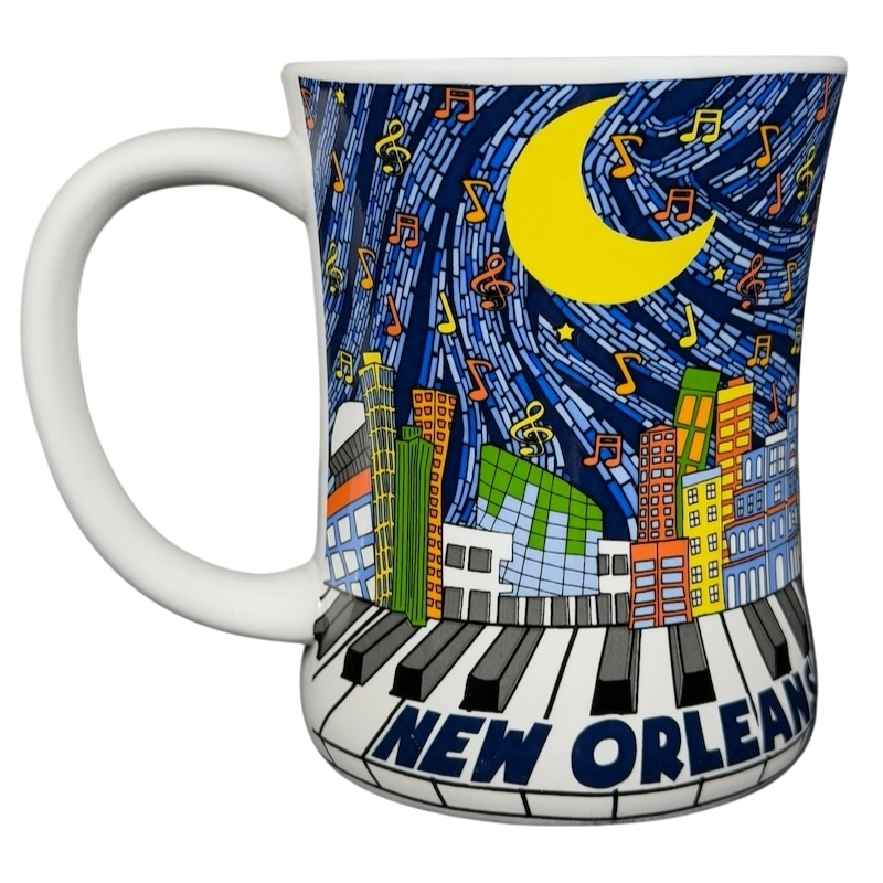 Colorful New Orleans skyline piano notes mug featuring buildings and musical notes on a starry night