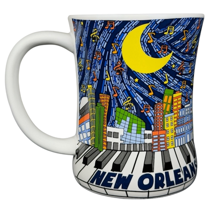 Colorful New Orleans skyline piano notes mug featuring buildings and musical notes on a starry night