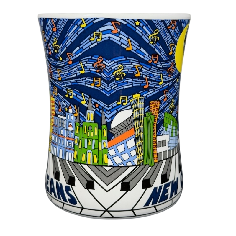 Colorful New Orleans skyline piano notes mug featuring city buildings and musical notes design