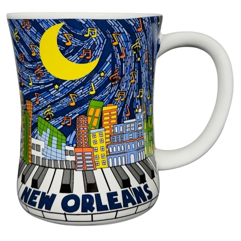 Colorful mug featuring New Orleans skyline piano notes design with vibrant colors and music notes