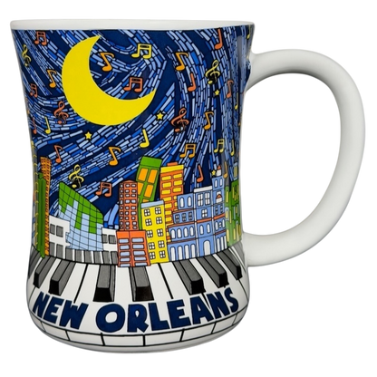 Colorful mug featuring New Orleans skyline piano notes design with vibrant colors and music notes