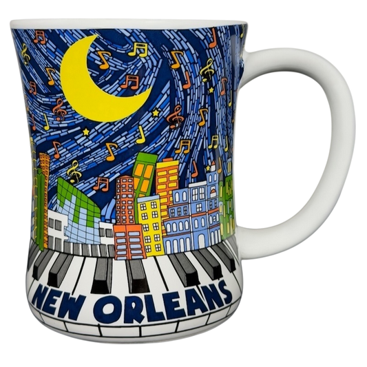 Colorful mug featuring New Orleans skyline piano notes design with vibrant colors and music notes