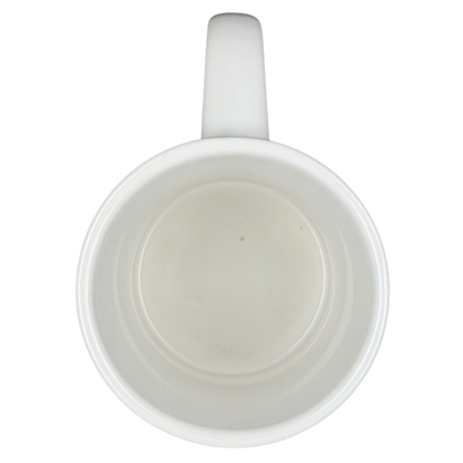 Inside view of a white mug featuring New Orleans skyline piano notes design