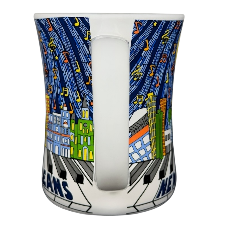Colorful New Orleans skyline piano notes mug with music notes and vibrant cityscape design