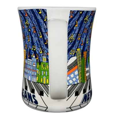 Colorful New Orleans skyline piano notes mug with music notes and vibrant cityscape design