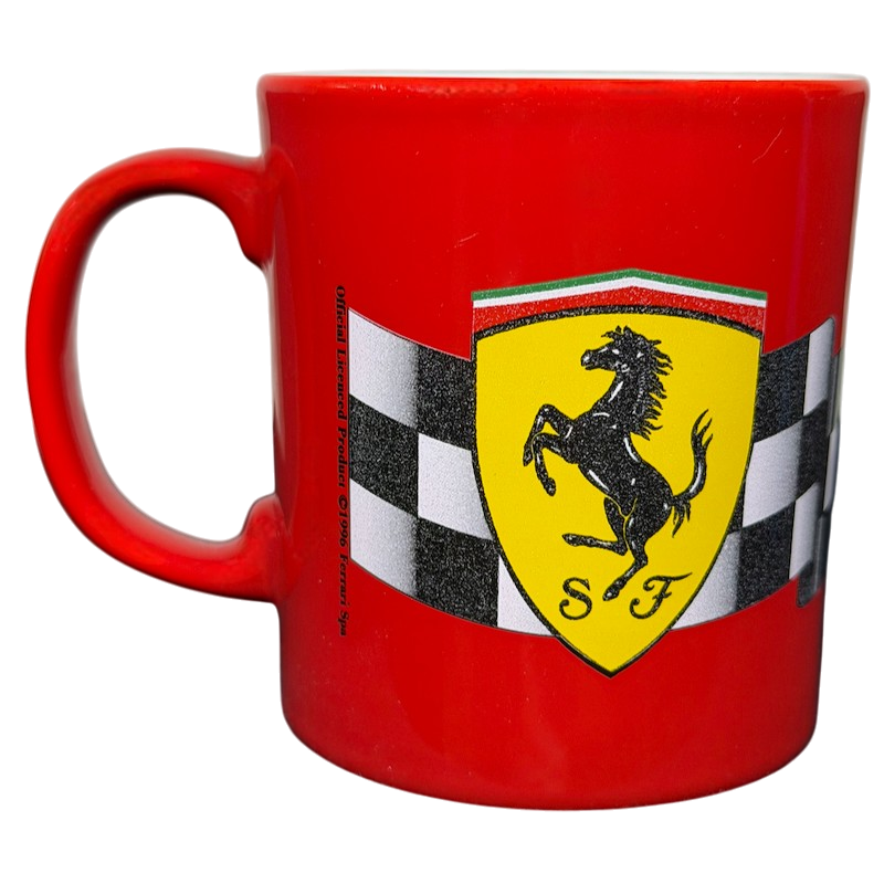 Official Ferrari Licensed Racing Vintage Mug in red with logo and checkered flag design