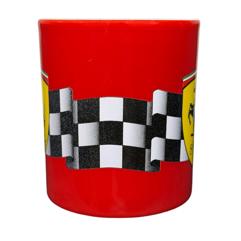 Official Ferrari Licensed Racing Vintage Mug in bright red with black and white checkered flag design