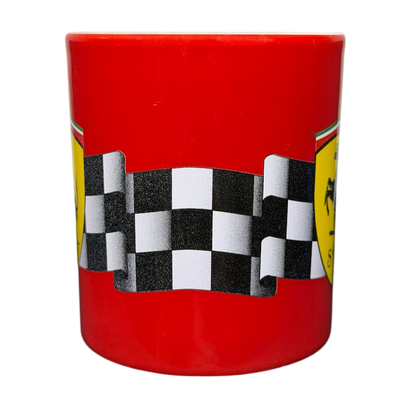 Official Ferrari Licensed Racing Vintage Mug in bright red with black and white checkered flag design