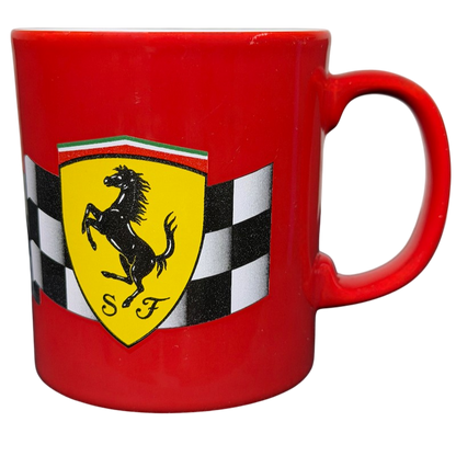 Official Ferrari Licensed Racing Vintage Mug in red with Ferrari logo and checkered flag design