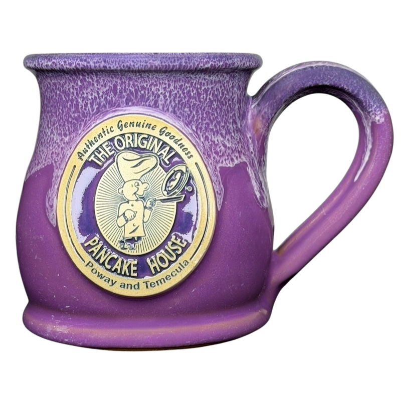 Deneen Pottery Coffee Mug featuring Original Pancake House Poway and Temecula California Logo in Purple