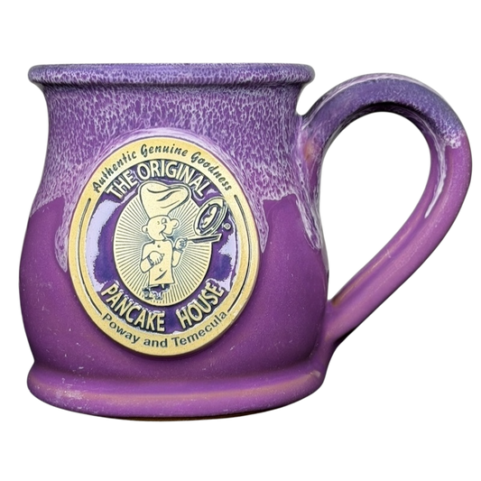 Deneen Pottery Coffee Mug featuring Original Pancake House Poway and Temecula California Logo in Purple