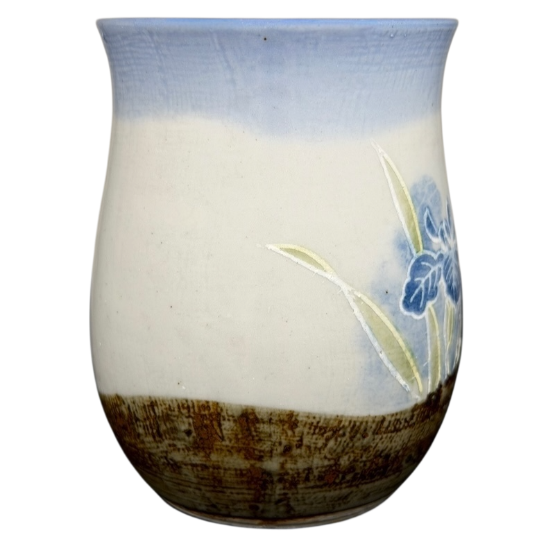 Otagiri Blue Iris tankard vintage mug featuring a floral design with a blue iris on a cream background