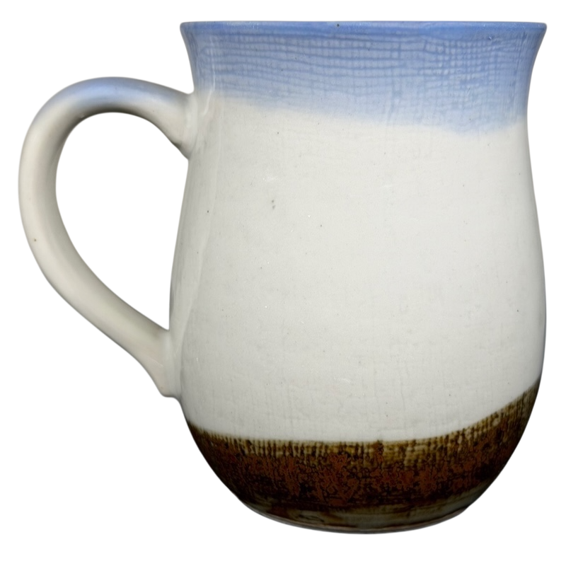 Otagiri Blue Iris tankard vintage mug with a simple white and blue design and a rustic brown base