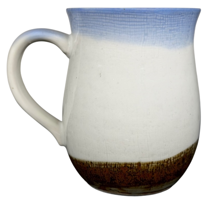 Otagiri Blue Iris tankard vintage mug with a simple white and blue design and a rustic brown base