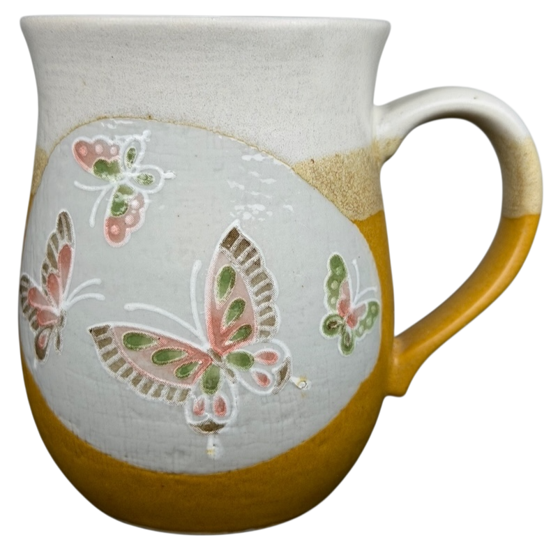 Otagiri butterflies tankard vintage mug with colorful butterfly design and textured finish.