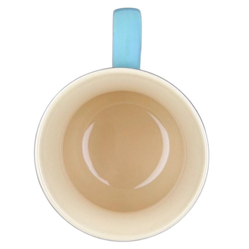 Otagiri calico cat vintage tankard mug with a light blue handle and glossy finish