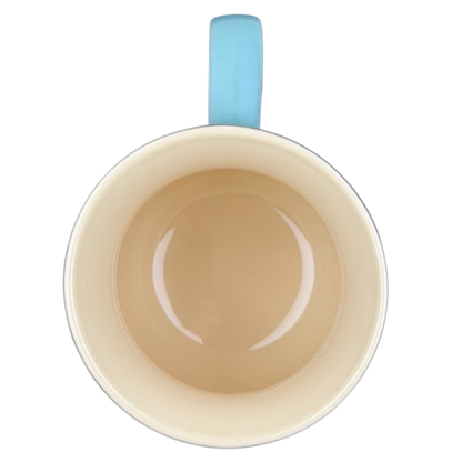 Otagiri calico cat vintage tankard mug with a light blue handle and glossy finish