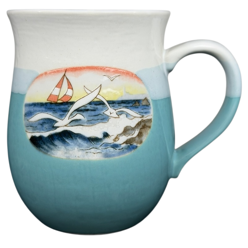 Otagiri coastal seagull sailboat tankard mug featuring a scenic ocean view with seagulls and a sailboat