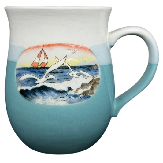 Otagiri coastal seagull sailboat tankard mug featuring a scenic ocean view with seagulls and a sailboat