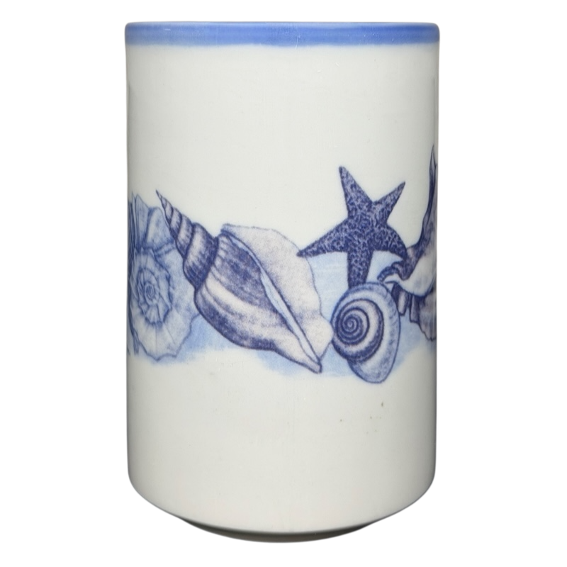 Coastal Seashell Sketch vintage Mug Otagiri featuring blue seashells and starfish design