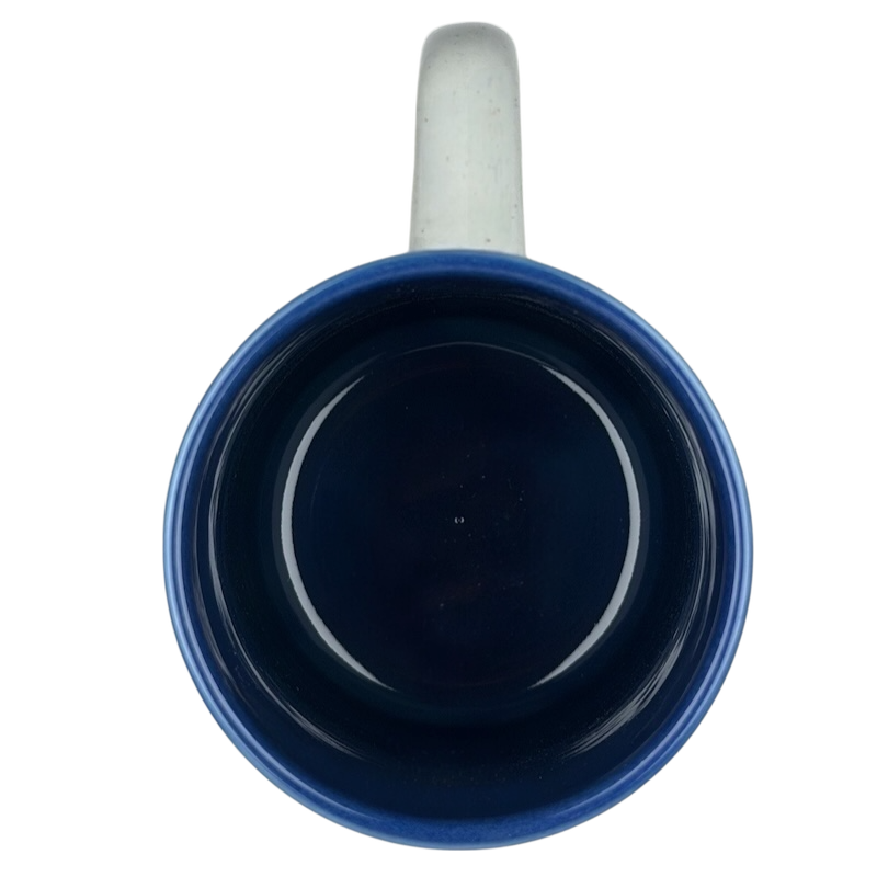 Top view of Otagiri orca vintage mug in deep blue with a white handle