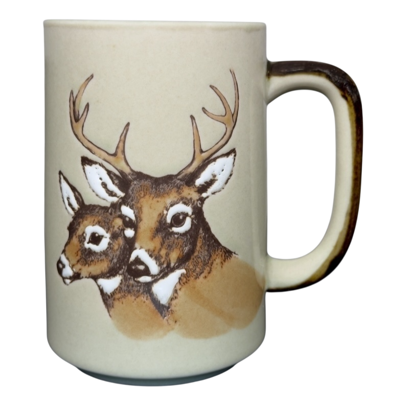 Otagiri vintage white tailed deer mug cream ceramic with brown handle and detailed buck and doe illustration