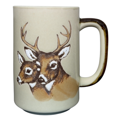 Otagiri vintage white tailed deer mug cream ceramic with brown handle and detailed buck and doe illustration