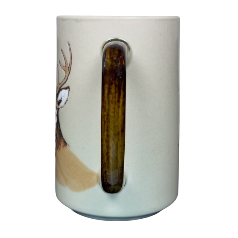 Otagiri vintage white tailed deer mug showing brown glazed handle and partial deer illustration