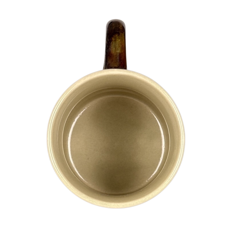 Top view of Otagiri vintage white tailed deer mug showing beige glazed interior and brown handle