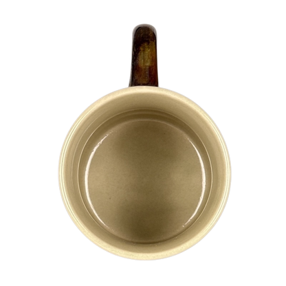 Top view of Otagiri vintage white tailed deer mug showing beige glazed interior and brown handle