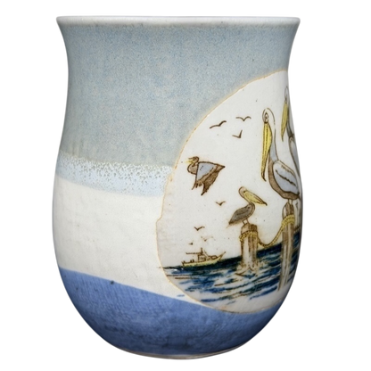 Otagiri pelican vintage tankard mug featuring serene pelican artwork on a blue background