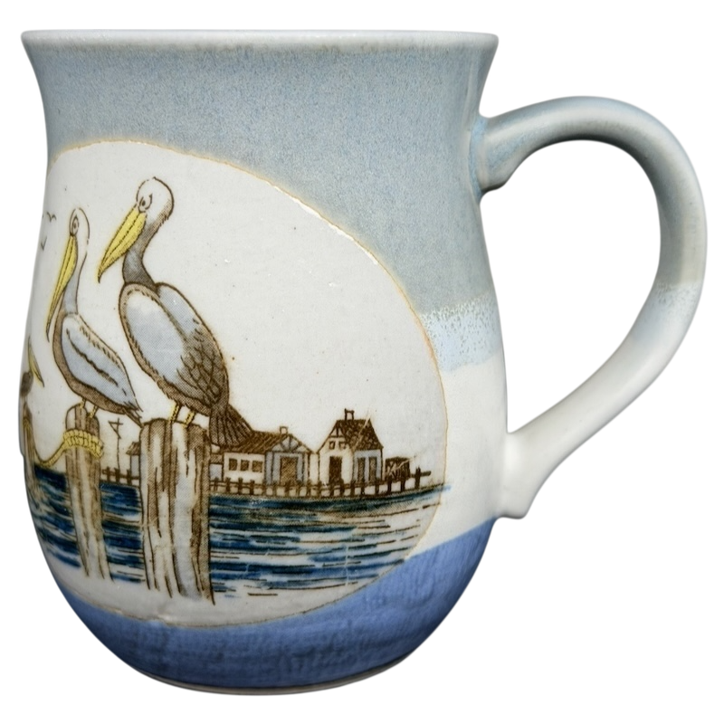 Otagiri pelican vintage tankard mug featuring pelicans and a waterfront scene