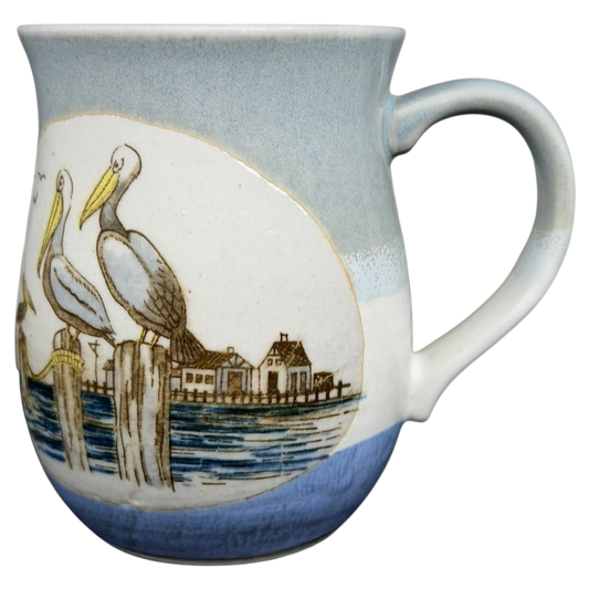 Otagiri pelican vintage tankard mug featuring pelicans and a waterfront scene