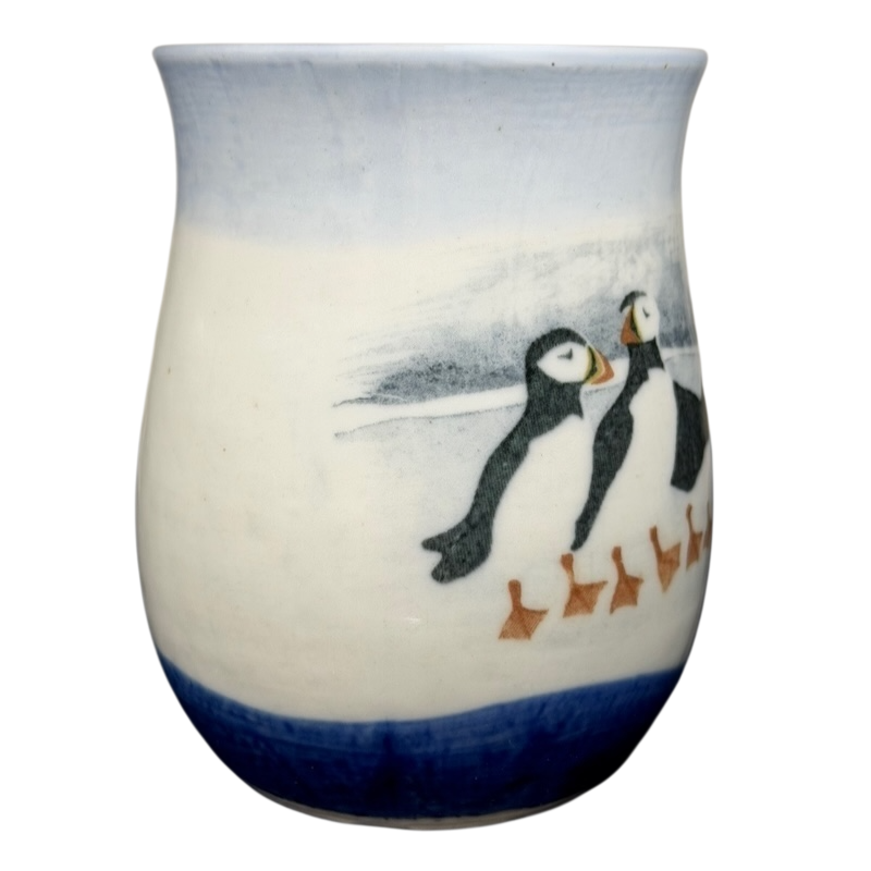 Otagiri Puffins vintage mug featuring hand-painted puffins and chicks on a scenic background