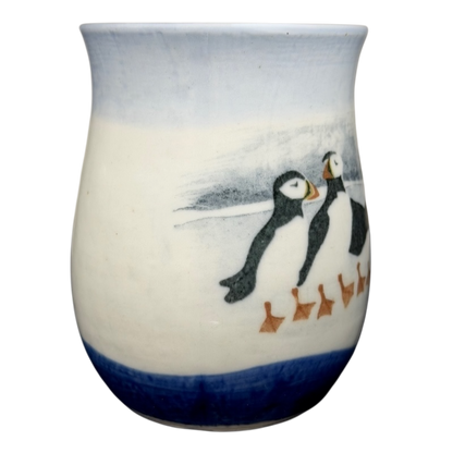 Otagiri Puffins vintage mug featuring hand-painted puffins and chicks on a scenic background