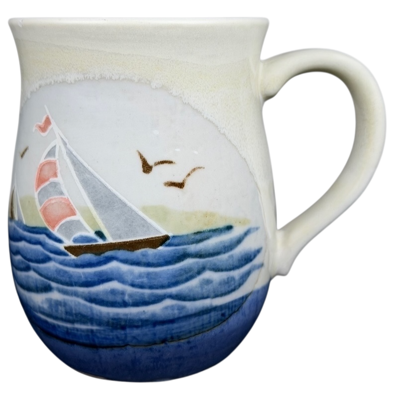 Otagiri sailboats and seagulls vintage mug featuring colorful sailing boats and waves design