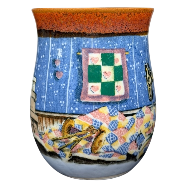 Otagiri vintage sewing machine quilt tankard mug featuring a colorful quilt and sewing decor