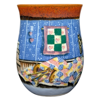 Otagiri vintage sewing machine quilt tankard mug featuring a colorful quilt and sewing decor