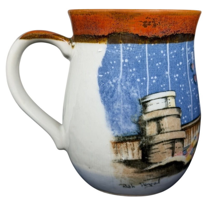 Otagiri vintage sewing machine quilt tankard mug featuring colorful artistic design