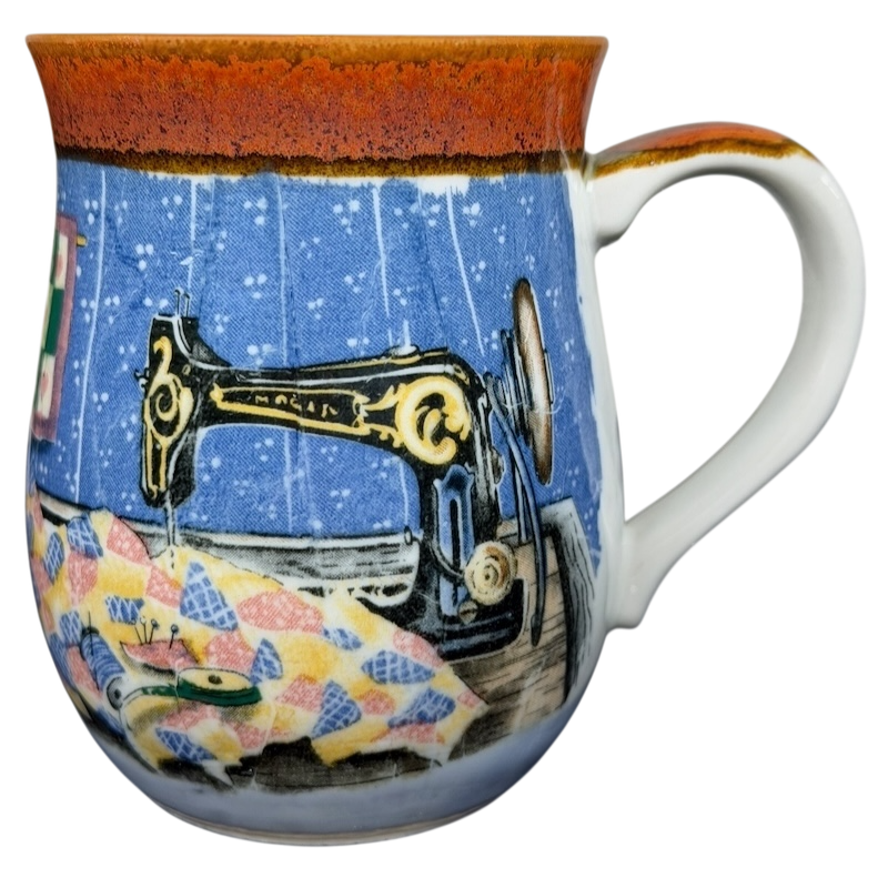 Otagiri vintage sewing machine quilt tankard mug with colorful quilt design and sewing details
