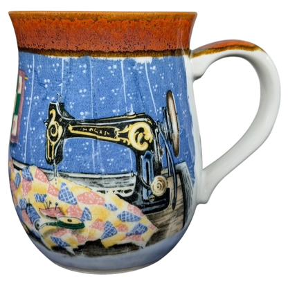 Otagiri vintage sewing machine quilt tankard mug with colorful quilt design and sewing details