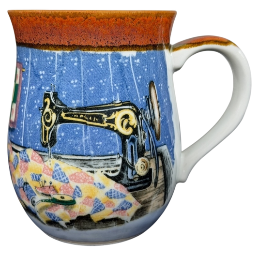 Otagiri vintage sewing machine quilt tankard mug with colorful quilt design and sewing details
