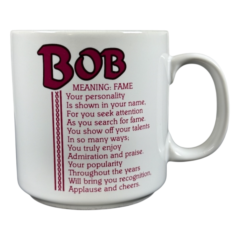 BOB poetry name vintage mug white ceramic coffee mug with maroon BOB lettering and printed name poem by Papel