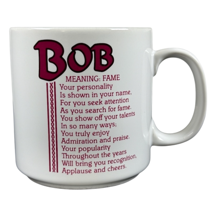 BOB poetry name vintage mug white ceramic coffee mug with maroon BOB lettering and printed name poem by Papel