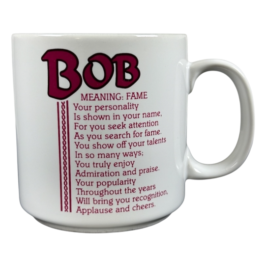 BOB poetry name vintage mug white ceramic coffee mug with maroon BOB lettering and printed name poem by Papel