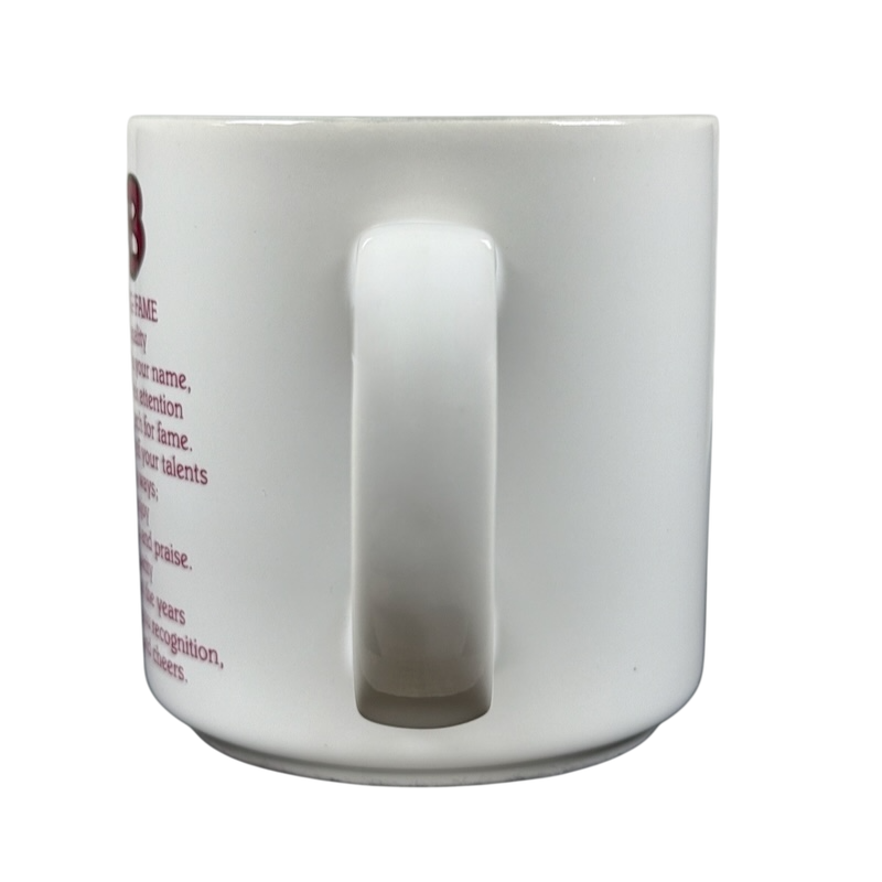 White ceramic BOB poetry name vintage mug showing back handle and partial red poem text on left side