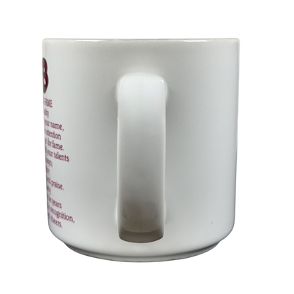 White ceramic BOB poetry name vintage mug showing back handle and partial red poem text on left side