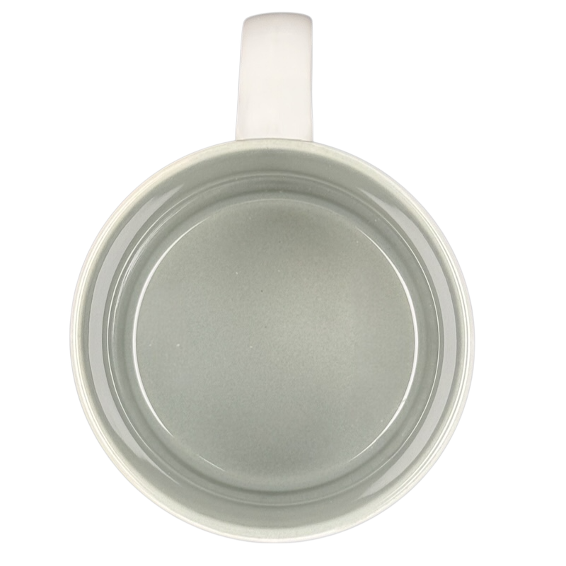 Top view of white ceramic coffee mug with light gray interior and handle visible BOB poetry name vintage mug